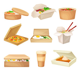 Kraft Paper or Cardboard Eco Package with Food Inside Vector Set
