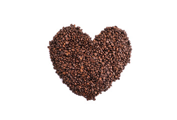 heart of roasted coffee beans isolated on a white background. space for your label