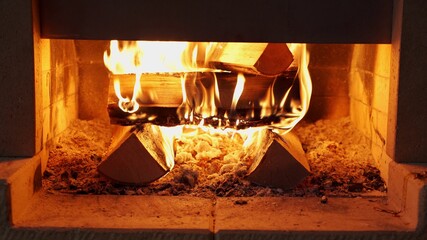 Firewood is burning in the home fireplace