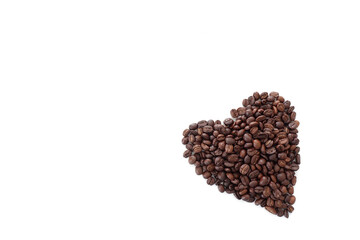 Heart Shaped Coffee beans white background isolated, top view.