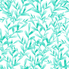 Blue green seaweed on white textured backdrop. Nice light branches with oval leaves watercolor seamless pattern for textile, wallpaper, fabric, postcard, invitation, cover, wrapping paper