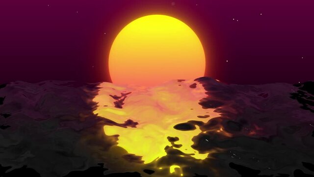 3D Loop animation of sunset and ocean. The sea reflects the rays of the sunset.