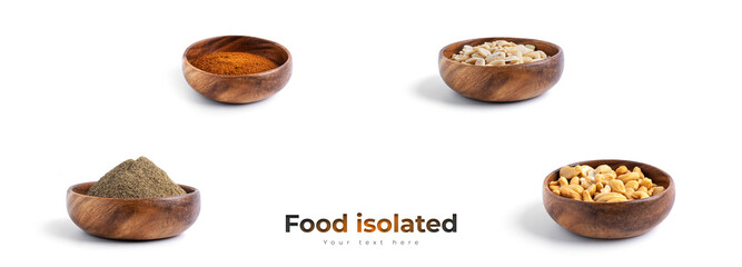 Peanuts, cornflakes, cashews, buckwheat in wooden bowl isolated on a white background.