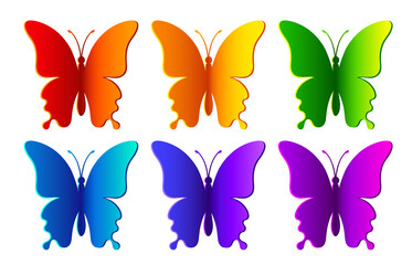 Colored paper realistic butterflies isolated on white background. Silhouette of a butterfly is perfect for stickers, icons, greeting cards and gift certificates