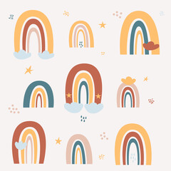 Set of Pastel colors childish Rainbow with cute clouds, raindrops, stars. Illustration isolated on beige background for fabric, design, baby textile, print, wallpaper, posters.