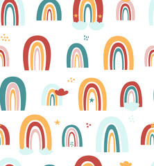 Seamless Pattern Pastel colors childish Rainbow with cute clouds, raindrops, stars. Vector illustration isolated for fabric, design, baby textile, print, wallpaper, posters.