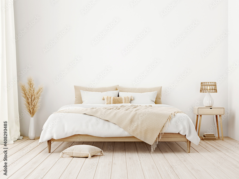 Aufkleber bedroom interior mockup in boho style with fringed blanket, pillows with tassels, white bedding, dri