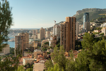 High-rise residential buildings in Monaco under a clear sky