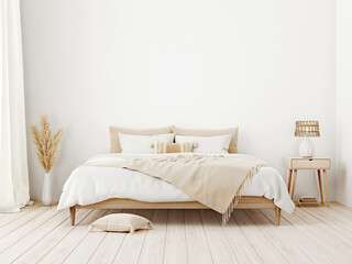 Bedroom interior mockup in boho style with fringed blanket, pillows with tassels, white bedding, dried pampas grass, basket lamp and curtain on empty white background. 3d rendering, 3d illustration