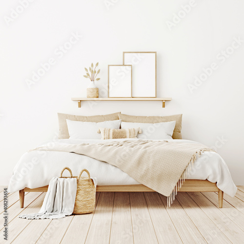 Download Vertical Poster Mockup In Boho Bedroom Interior With Two Wooden Frames On Shelf Above Bed Beige Blanket Cushion With Tassels Dried Grass And Basket On White Wall 3d Rendering 3d Illustration Wall