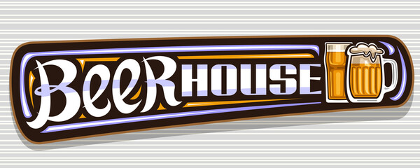 Vector banner for Beer House, dark decorative sign board with illustration of full beer mug with froth and golden highball, unique brush lettering for blue words beer house on grey striped background.