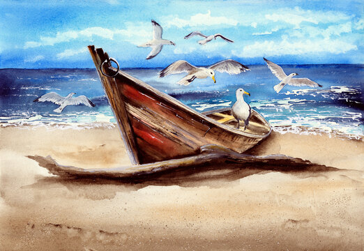 Watercolor picture of an old fishing boat on the sandy beach with some seagulls
