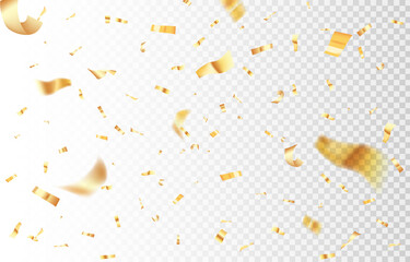 Gold flying tinsel, festive confetti, foil particles for decoration.