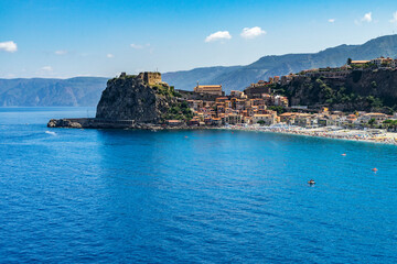 View of Scilla with its famous Castello Ruffo. Scilla is one of the prettiest villages of Calabria, Italy