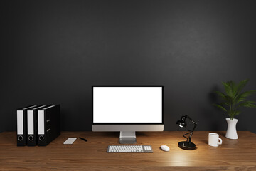 modern clean office workspace with computer; white isolated empty screen in front of dark concrete wall; 3D Illustration