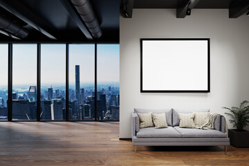 modern clean office waiting area reception with skyline view and large white poster, copy space, 3D Illustration
