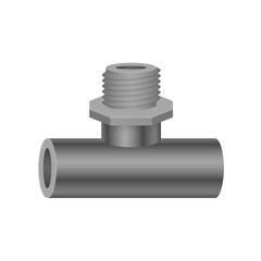 PVC plastic pipe fitting vector icon. 3 way (tee) male. Slip socket opening 2 end (solvent weld) and 1 male thread. Part for pipeline system, plumbing, drainage, vent, waste, sewage and water supply.