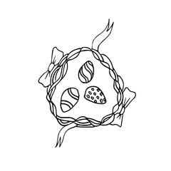 Doodle Easter eggs in a nest with a bow and ribbons, top view. Vector nest can be used for seasonal decoration for Easter