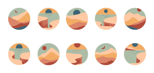 Set of creative abstract rocky mountain landscapes round icons.Mid century modern vector illustration with cliffed coast,desert dunes,sky,sun.Social media covers.Trevel blogger templates for stories.
