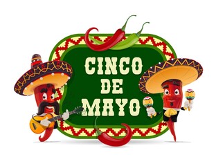Cinco de Mayo vector icon. Mariachi jalapenos in mexican sombrero playing guitar and maracas. Cartoon characters play music. Cinco de Mayo celebration isolated label with red and green chili peppers