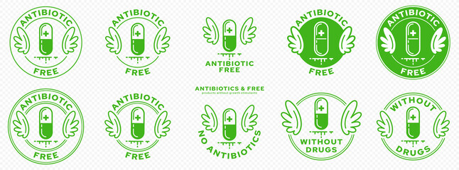 Conceptual marks for product packaging. Labeling - Hormone Free. The Wings Stamp is a symbol of an ingredient-free product. Medical capsule icon with antibiotics. Vector