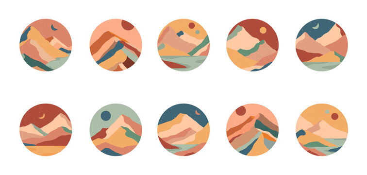 Set Of Creative Abstract Mountain Landscapes And Sand Dunes Round Icons.Social Media Covers.Trevel Blogger Templates For Stories.Vector Illustrations With Hand Drawn Mountains,sea,desert,sky,sun,moon.