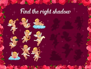 Kids game find right shadow with cartoon cupids for Valentines day holiday. Children logic activity, preschool or kindergarten educational worksheet, shadow match riddle for logical mind development
