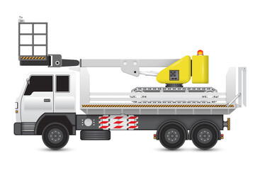 Boomlift_truckStraight telescopic boom lift or cherry picker vector design. Aerial work platform, elevator or construction machine equipment for worker working at height level. To delivery transportat