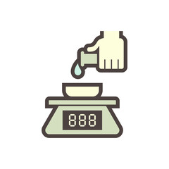Pharmaceutical production industry or lab test vector icon. Process of weighing substrate consist of balance scale or measurement weigh equipment, liquid or chemical drop, test tube, scientist hand.