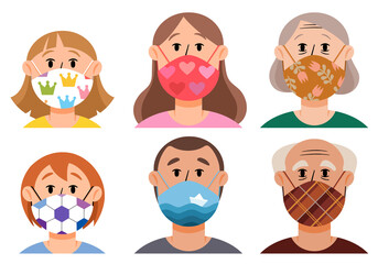Girl, woman, old woman, boy, man, old man in patterned medical masks. People are in protective masks.