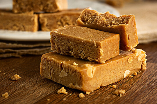 Pa&ccedil;oca, Closeup, Brazilian Typical Peanut Candy on Wooden Table and a Plate