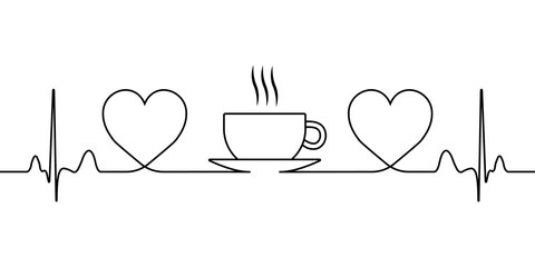 sign of love for coffee and tea, a symbol of tea drinking, a vector icon with a single line hearts and a hot cup with steam