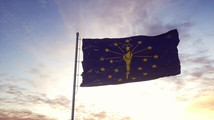 State flag of Indiana waving in the wind. Dramatic sky background. 3d illustration