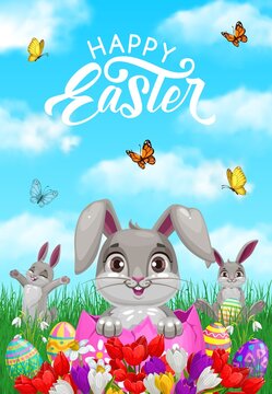 Happy easter celebration greeting card. Cute rabbits playing on spring meadow with flowers, bunny jumping out of eggshell and hunting easter eggs cartoon vector. Christian religion holiday poster