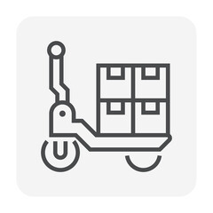 Pallet jack or pallet truck vector icon. Include goods, parcel, cargo or box packaging. Tool for industrial shipping logistics by lift, move, unloading or handling pallet in store, warehouse, factory.