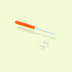 screwdriver with brown handle and two screws, created in flat, vector icon