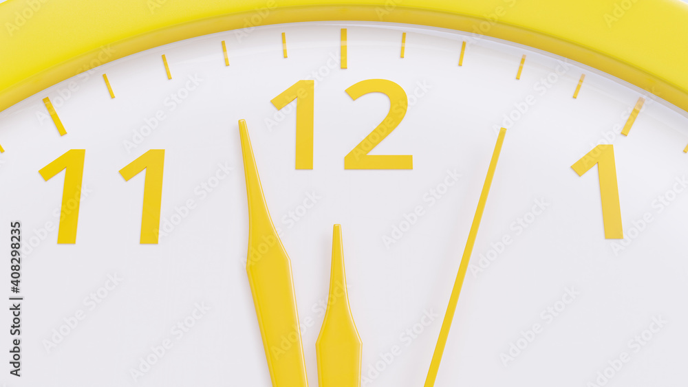 Poster yellow clock close-up. almost noon time. minimal idea concept, 3d render.