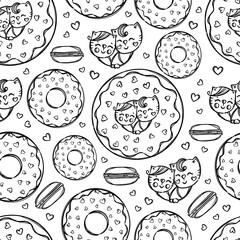 CAT IN DONUT Cute Kittens Stuck His Head In Doughnut And Sweet Bisquits Holiday Cartoon Monochrome Hand Drawn Seamless Pattern Vector Illustration For Print