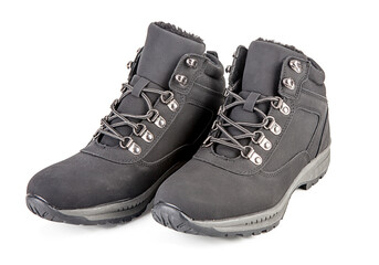 Men's leather trekking boots isolated on whited