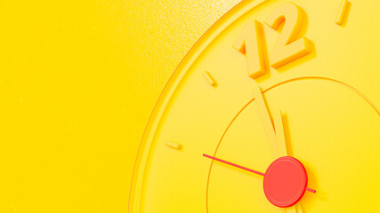 Clock close-up yellow background. Copy space for your text. Minimal idea concept, 3D Render.