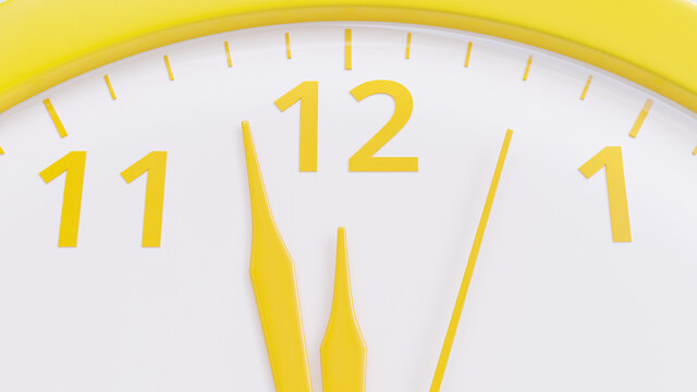 Yellow Clock close-up. Almost noon time. Minimal idea concept, 3D Render.