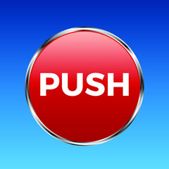 Red button with inscription Push on a blue background