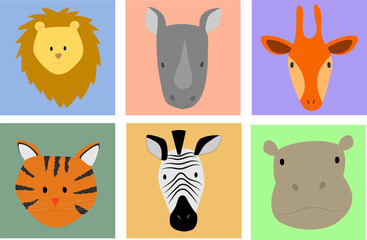 set illustration cartoon of animal faces. Lion, giraffe, zebra, tiger, hippo and rhinoceros illustration. Zoo collection
