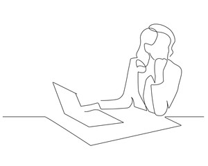 Continuous One Line Drawing of Woman with Laptop. Woman One Line Illustration. Female Line Abstract Portrait. Minimalist Contour Drawing. Vector EPS 10
