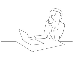 Continuous One Line Drawing of Woman with Laptop. Woman One Line Illustration. Female Line Abstract Portrait. Minimalist Contour Drawing. Vector EPS 10