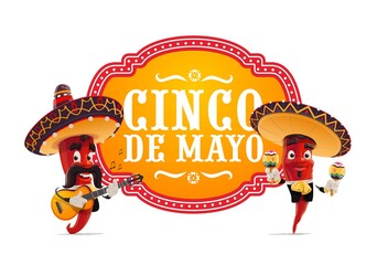 Cinco de Mayo vector icon. Mariachi jalapenos musicians in mexican sombrero playing guitar and maracas. Cartoon characters play music. Cinco de Mayo celebration isolated label with red chili peppers