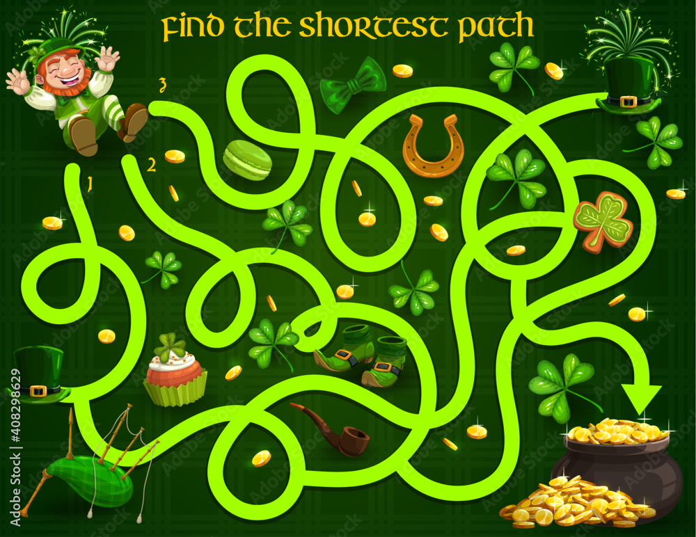 Poster kids maze game with st patricks day leprechauns, gold, clover and sweets. vector labyrinth puzzle fi