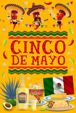 Cinco de Mayo vector poster. Jalapeno chili pepper characters in sombrero playing trumpet, guitar and maracas. Mexican food, azul agave, tequila and flag. Cartoon chilli Mariachi perform Cinco event