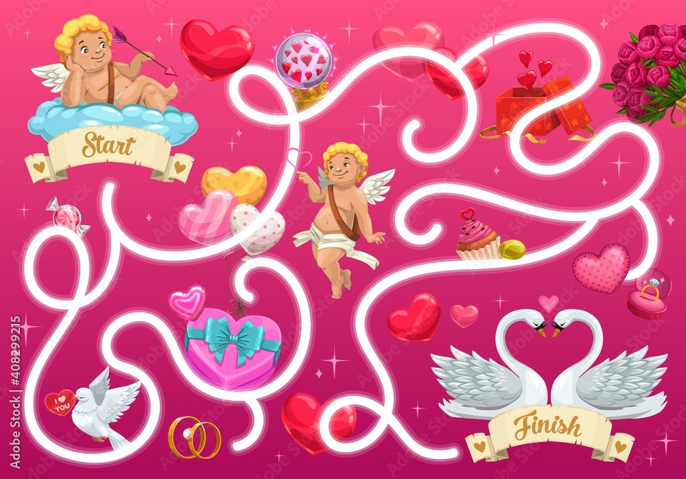 Poster kids maze game with valentines day cupids and festive items. vector labyrinth puzzle find correct wa