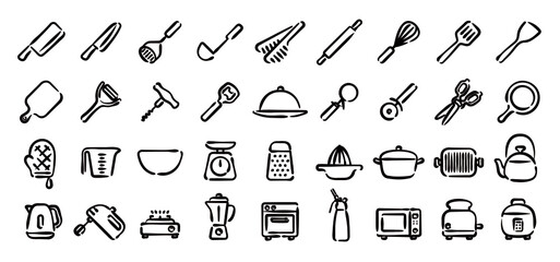 Kitchen Utensils and Tool Icon Set (Hand-drawn line version)